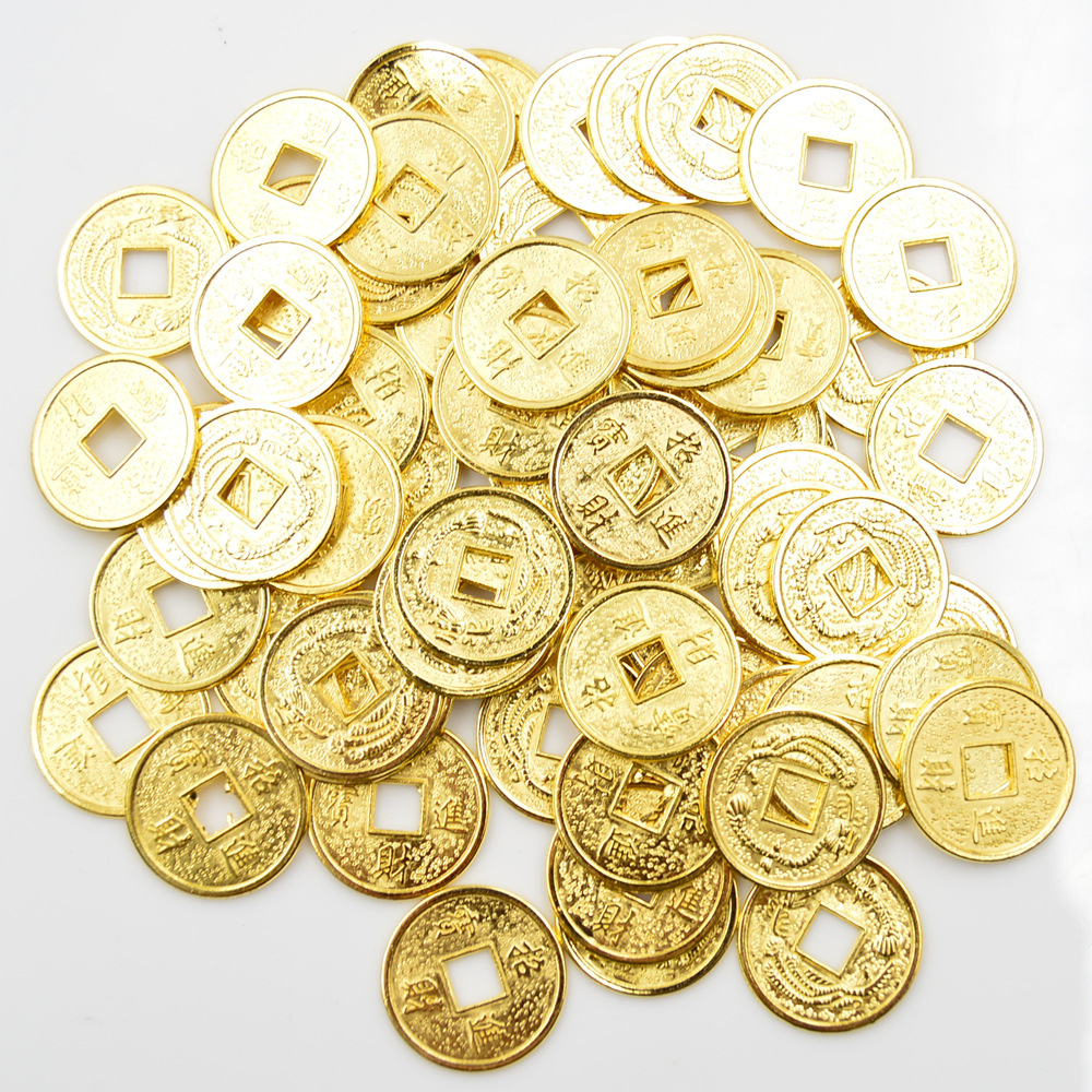 2.0cm金色招宝龙凤铜钱发财树工艺品配件铜钱/合金铜钱 滴胶配件